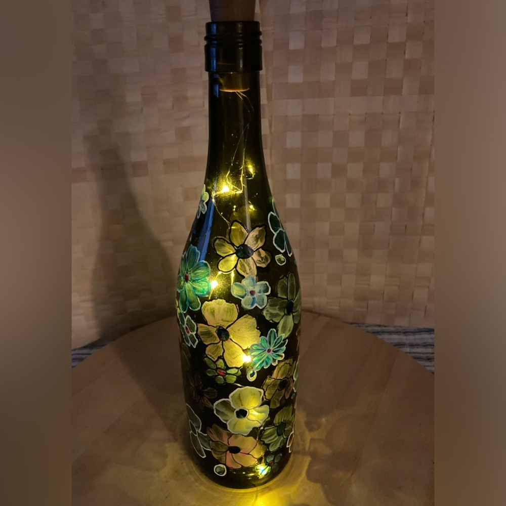 Floral Painted Recycled wine Glass Bottle NWT